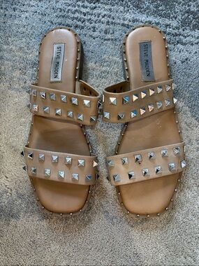 Steve Madden Tan Studded Double-Strap Slide Sandals